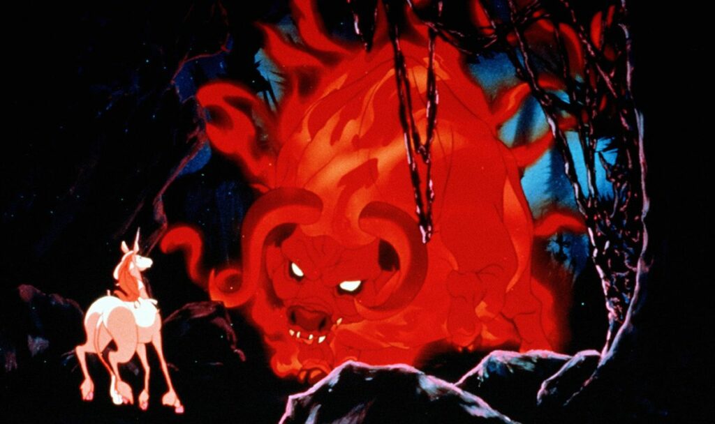 A white unicorn stands small and alone facing a massive glowing red demon-like creature with multiple curved horns and bright eyes in a dark cavern