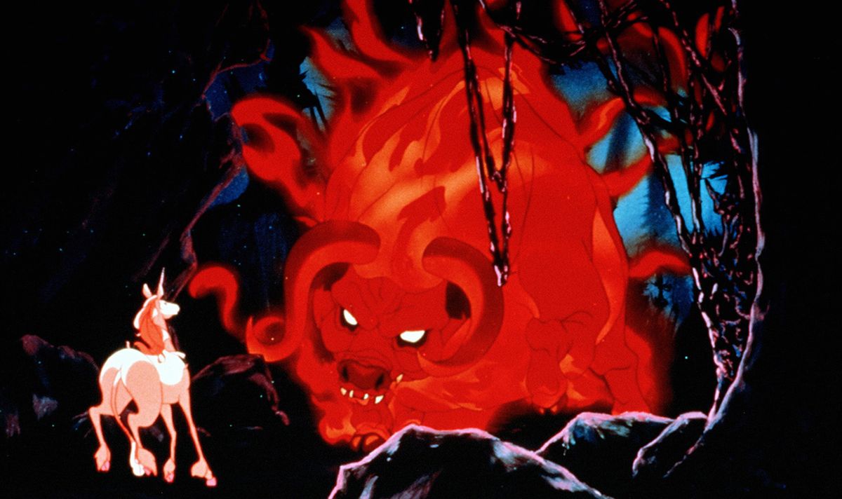 A white unicorn stands small and alone facing a massive glowing red demon-like creature with multiple curved horns and bright eyes in a dark cavern