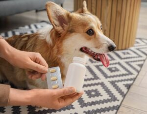 Person holding dog medication pills and bottle while corgi sits on patterned rug indoors